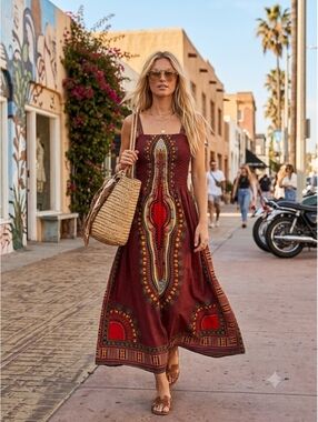 Women’s Cotton African Dashiki Print Maxi Sundress Size M Boho Ethnic